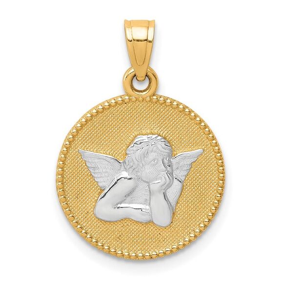 10K Yellow Gold W/Rhodium Polished & Textured Angel Pendant